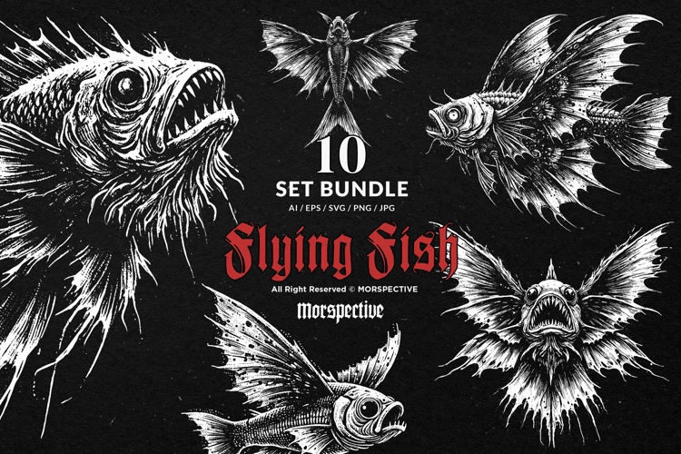 10 Bundle Dark Art Flying Fish with wings Aquatic Ocean