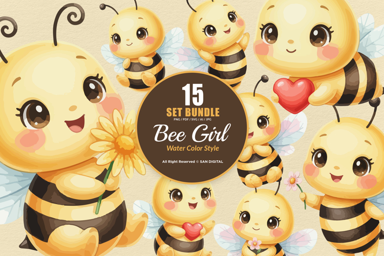 15 Bundle Watercolor Cute Girl Bee Baby Honey Sting Fly Buzz