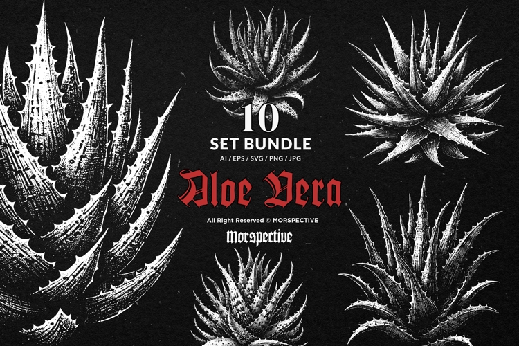 10 Bundle Dark Art Aloe Vera Cactus Plant Botanical Floral