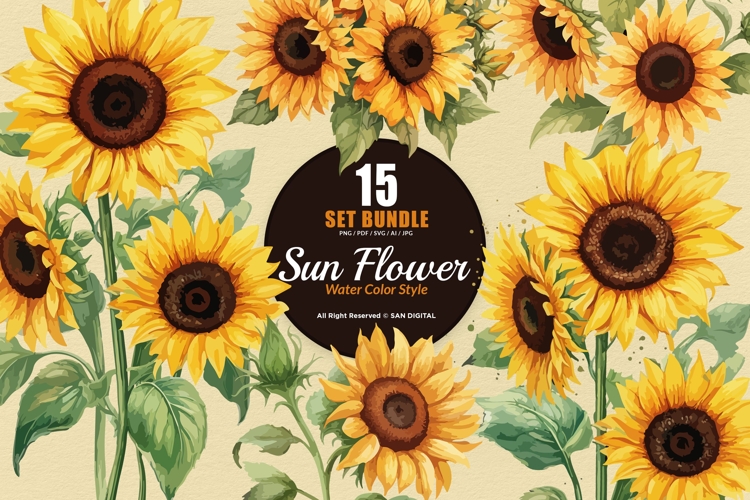 15 Bundle Watercolor Sun Flower Rose Flower Floral Botanical