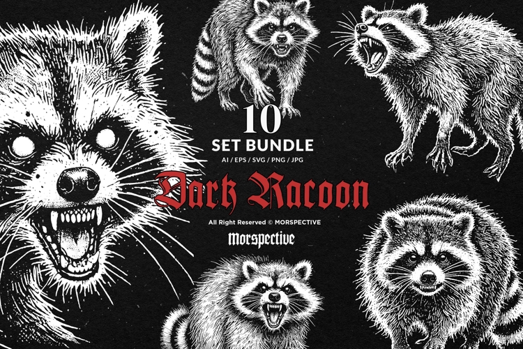 10 Bundle Dark Art Racoon Scary Gothic Horror Animal Tattoo