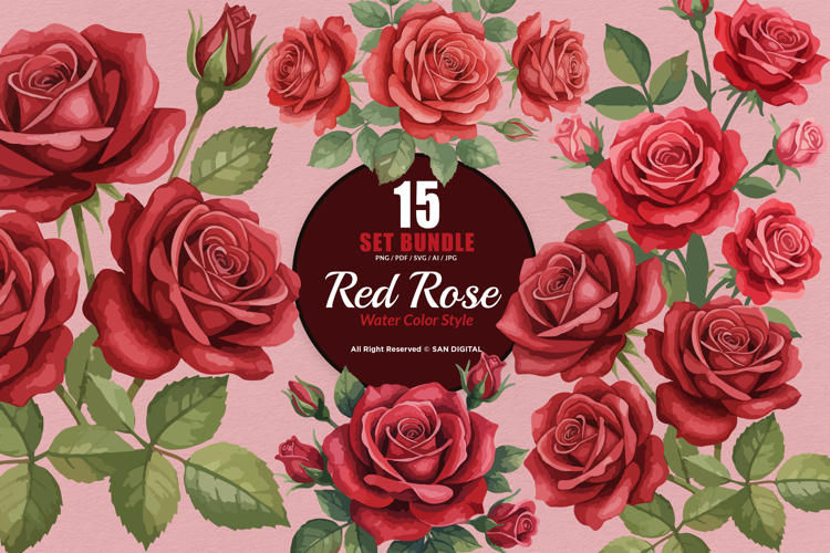 15 Bundle Watercolor Red Rose Romantic Floral Flower Elegant