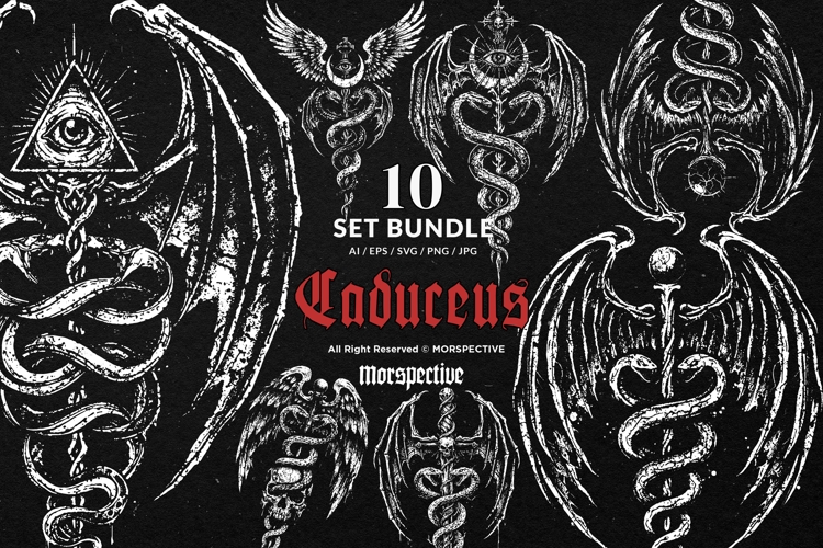 10 Bundle Dark Art Caduceus Snakes Wings Medicine Symbol