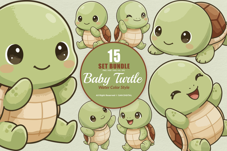 15 Bundle Watercolor Baby Turtle Cute Turtle Ocean Animal