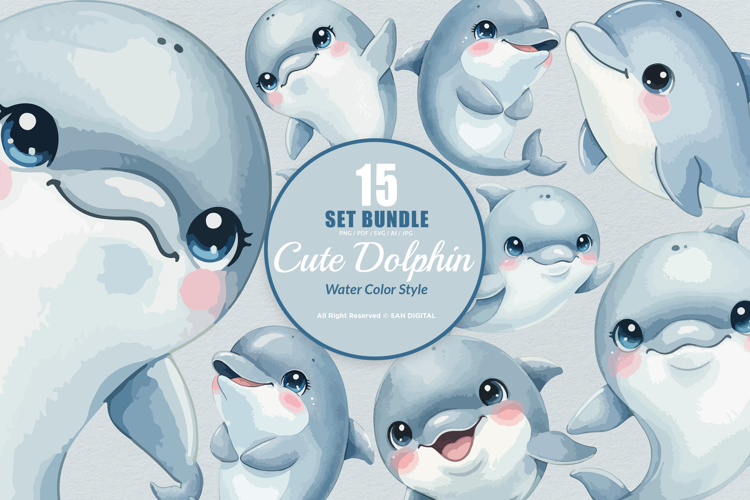 15 Bundle Watercolor Cute Dolphin Fish Animal Sea Ocean Kids