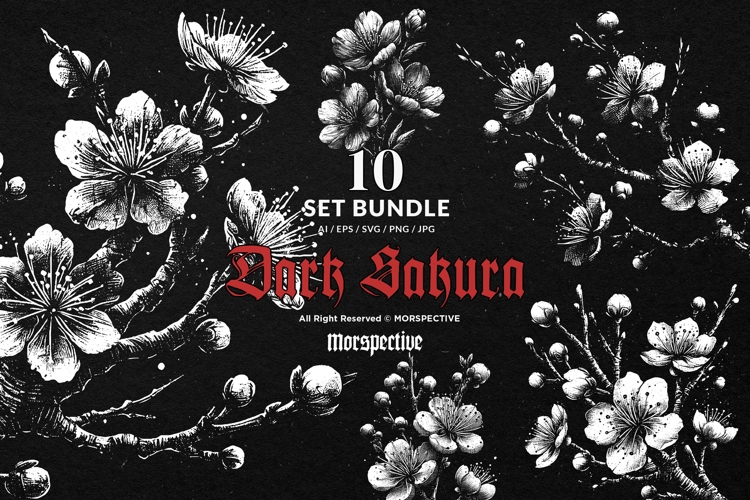 10 Bundle Dark Art Sakura Flower Cherry Blossom Japanese
