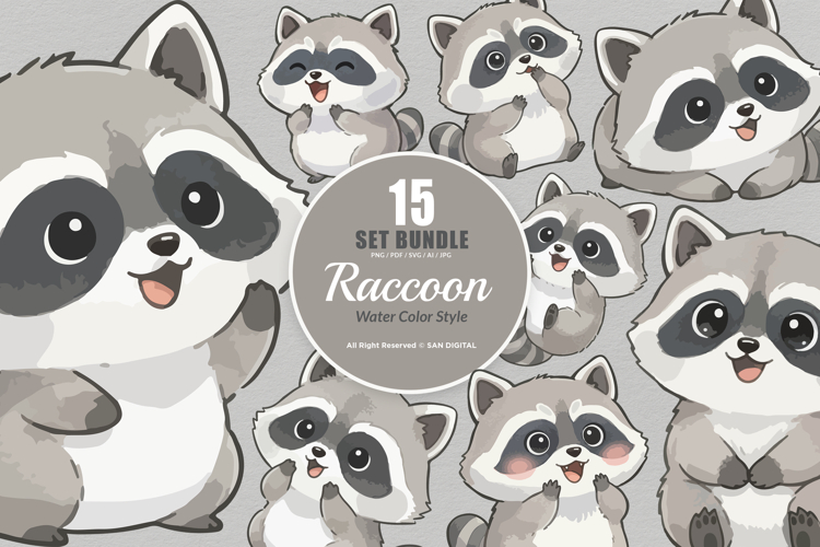 15 Bundle Watercolor Raccoon Cute Baby Animal Forest Wild