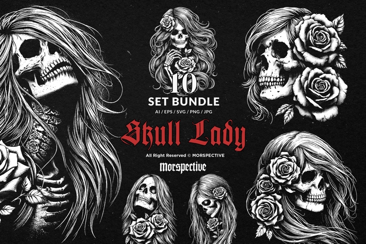 10 Bundle Dark Art Skull Lady Girl with Rose Women Skeleton