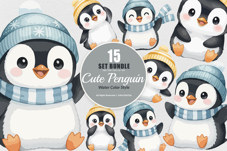 15 Bundle Watercolor Baby Penguin Cute Kids Cold Ice White