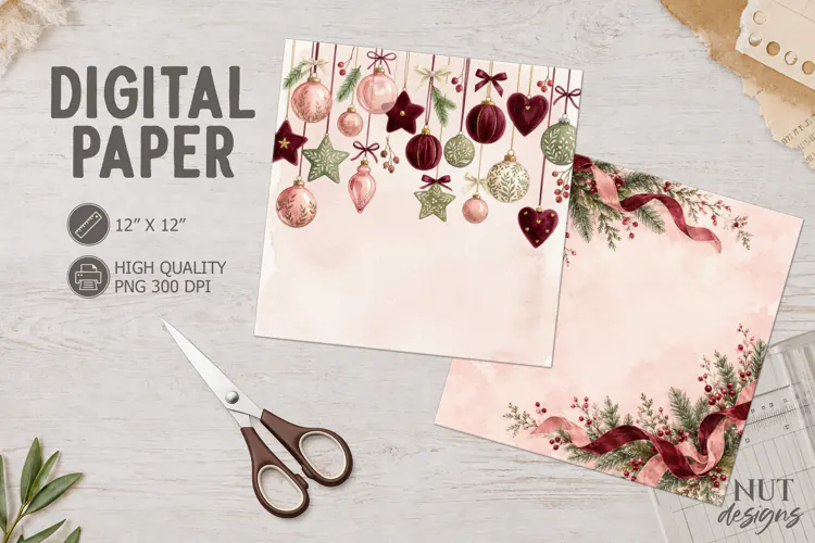 Pink Watercolor Christmas Digital Paper blush, burgundy