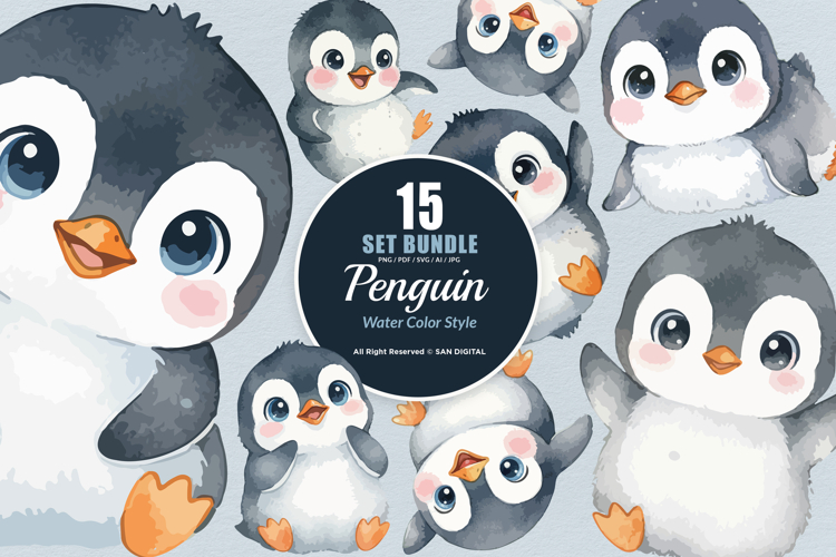 15 Bundle Watercolor Cute Penguin Baby Kids Ice White Animal