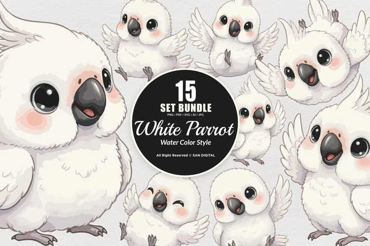 15 Bundle Watercolor White Baby Parrot Cute Bird Macaw