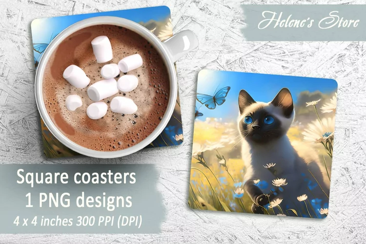 Cat Square Coasters | Summer Cat Sublimation Coaster