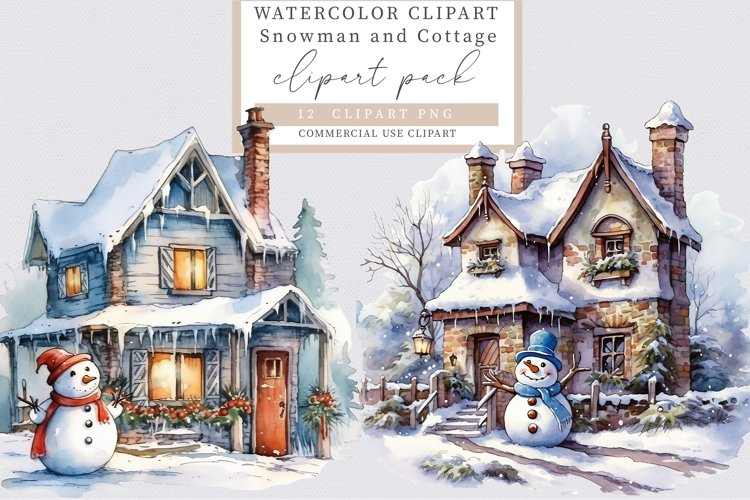 Snowman clipart, Cottage clipart, Christmas bundle clipart