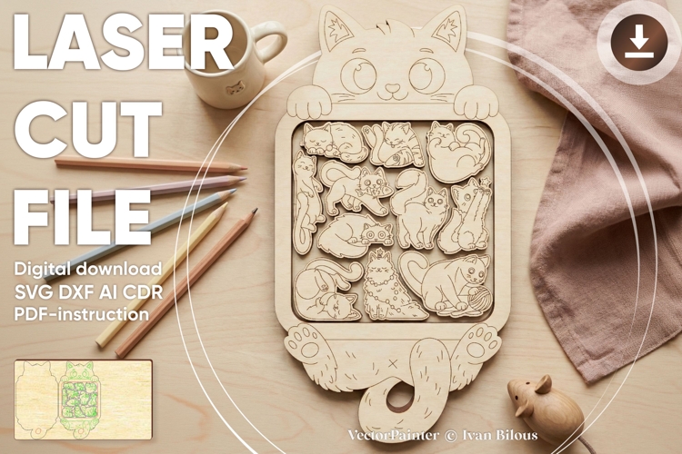 Cat Laser Cut File, SVG Puzzle Busy Board Jigsaw Brain