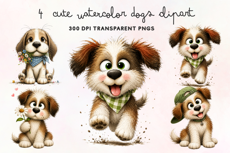 Cute Watercolor Dogs Clipart PNG