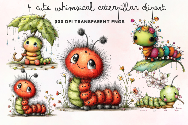 Cute Whimsical Caterpillar Clipart PNG example image 1