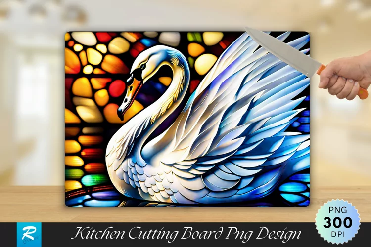 White Swan Stained Glass Cutting Board PNG Design