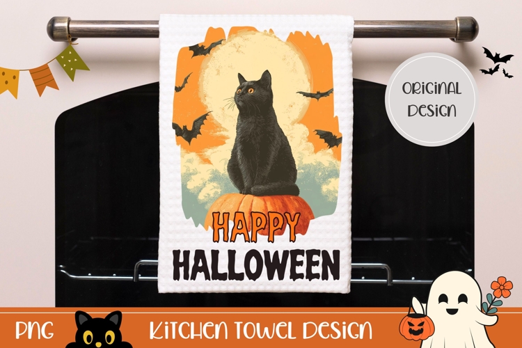 Vintage Halloween Cat Towel, Halloween Black Cat PNG