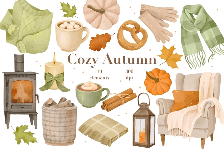 Watercolor Cozy Autumn Clipart