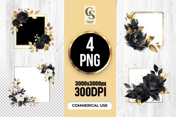 Black Gold Rose Floral Frame Clipart Sublimation PNG