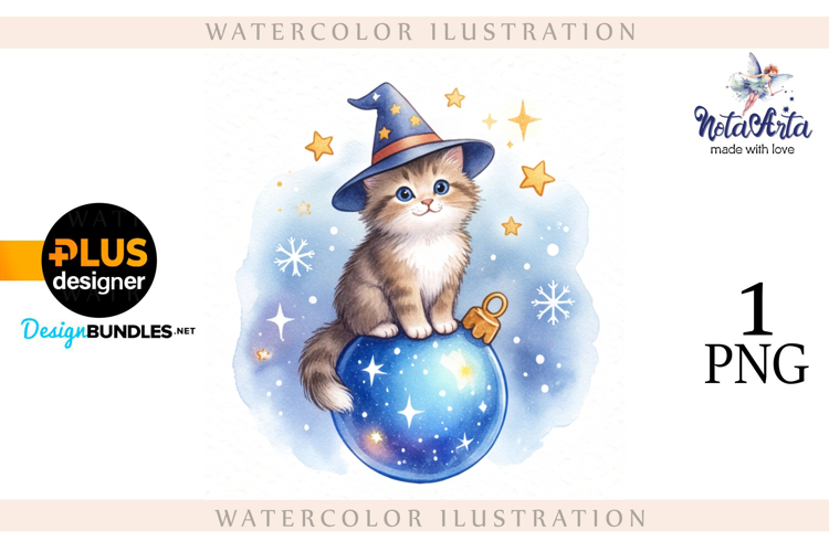 Christmas Kitten in Watercolor Style