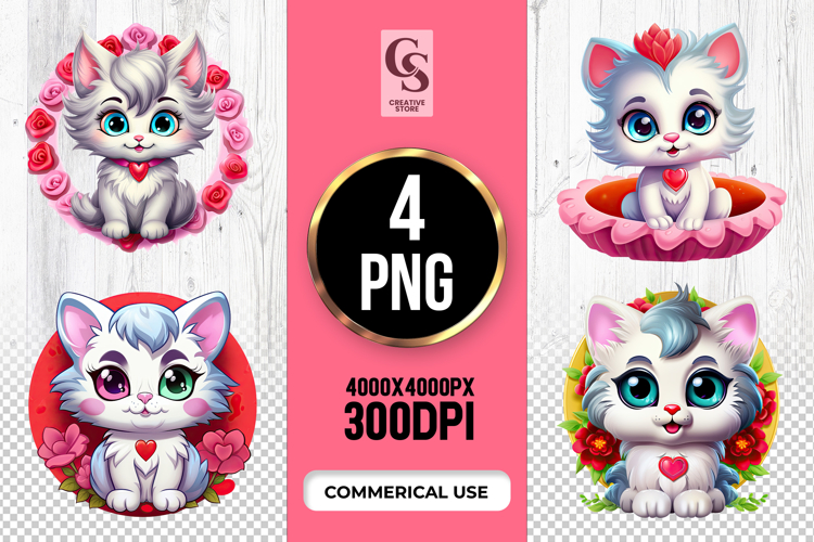 Cute Kitten Flower Heart Clipart Sublimation PNG