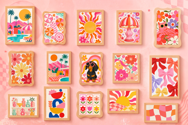 100 Retro Pink Girly Wall Art Prints
