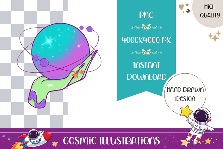 Hand Drawn Cosmic Illustration, Neon Planet PNG