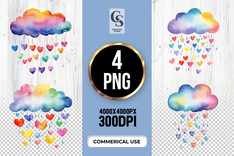 Watercolor Rainbow Cloud Heart Rain Clipart Sublimation PNG