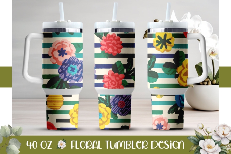 Stripes Tumbler Wrap, Pop Art Flowers 40 Oz Tumbler Design