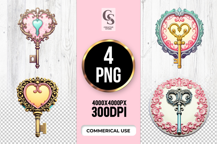 Ornate Heart Shaped Vintage Keys Clipart Sublimation PNG