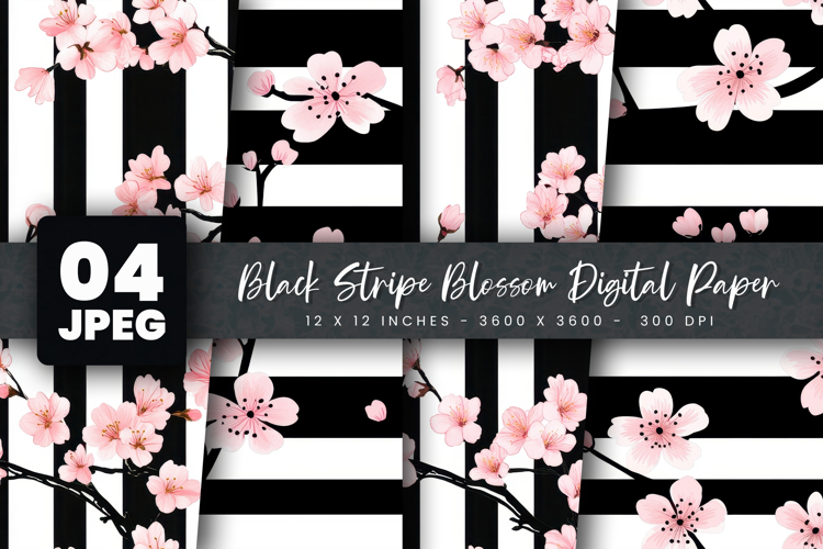 Black Stripe Blossom Digital Paper