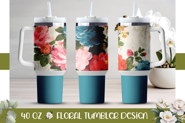 Dark Blue Tumbler Design, Vintage Flowers 40 Oz Tumbler