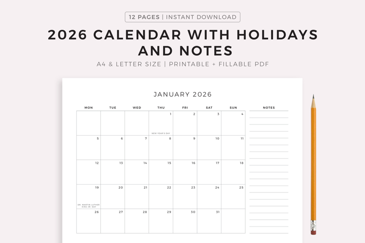 2026 Monthly Calendar with Holidays & Notes, Printable