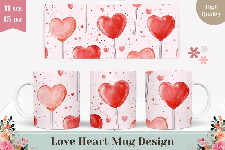 Red Heart Mug Wrap Design, Love Hearts Mug Template