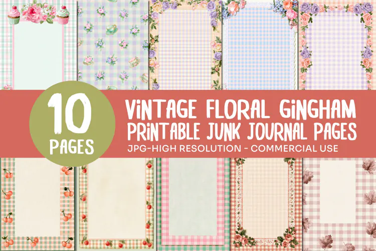 Vintage Floral Gingham Junk Journal Pages