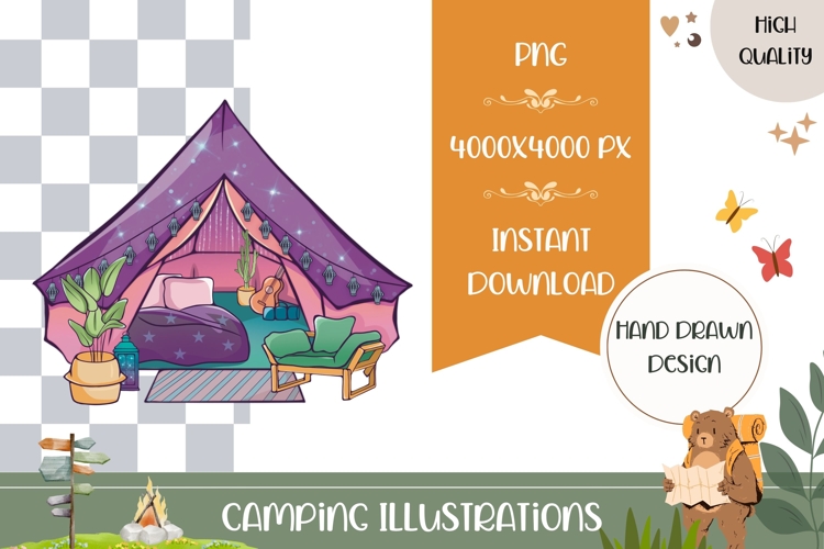 Hand Drawn Glamping Tent Illustration, Cartoon Glamping Tent