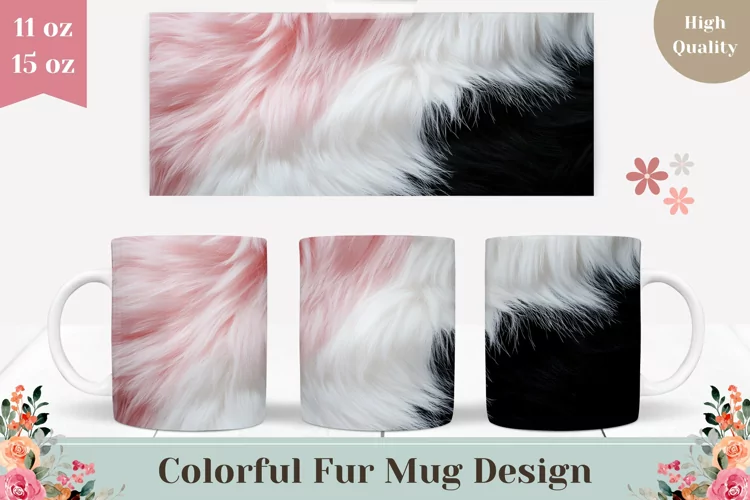 Colorful Fur Mug Wrap Design, Pink Fur Mug Template