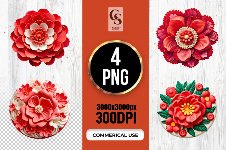 Red Floral Paper Art Flower Clipart Sublimation PNG