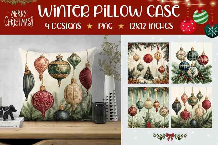 Christmas Baubles Pillowcase, Vintage Christmas Pillow Case