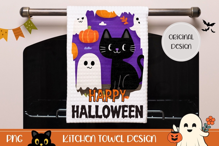 Happy Halloween Towel Design, Cartoon Halloween Cat PNG