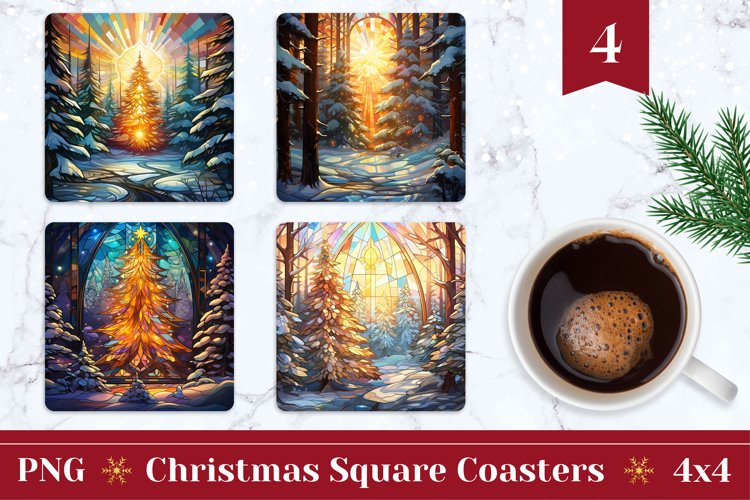 Christmas Square Coasters, Stained Glass Winter Forest PNG