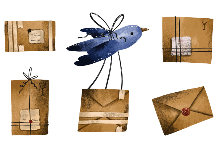 Bird & Post Package. Post Illustration. A Bird is Carrying