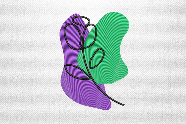 Abstract Green Purple Leaf Line Art Embroidery Design