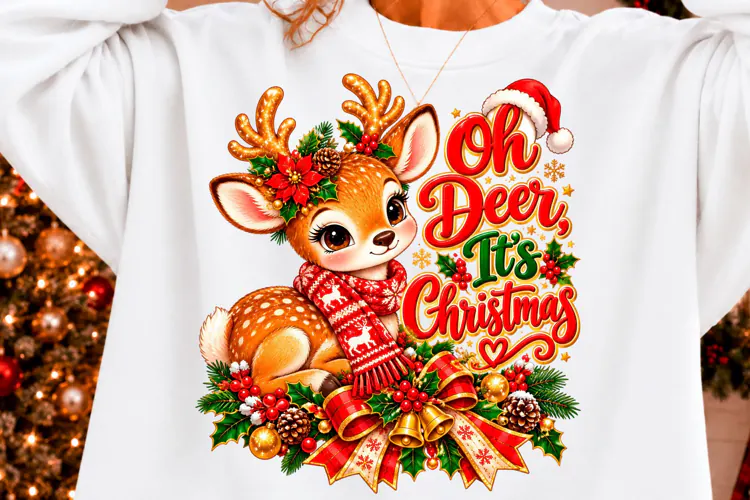 Oh Deer It's Christmas Reindeer PNG, Vintage Holiday Bow
