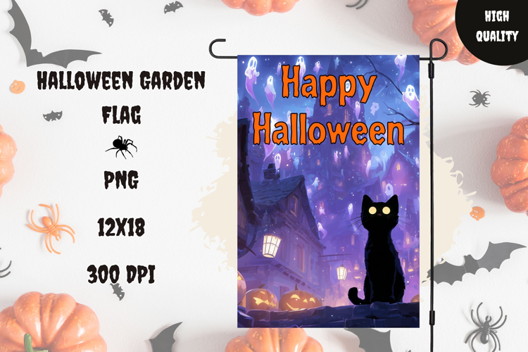 Spooky Black Cat Garden Flag, Happy Halloween Garden Flag