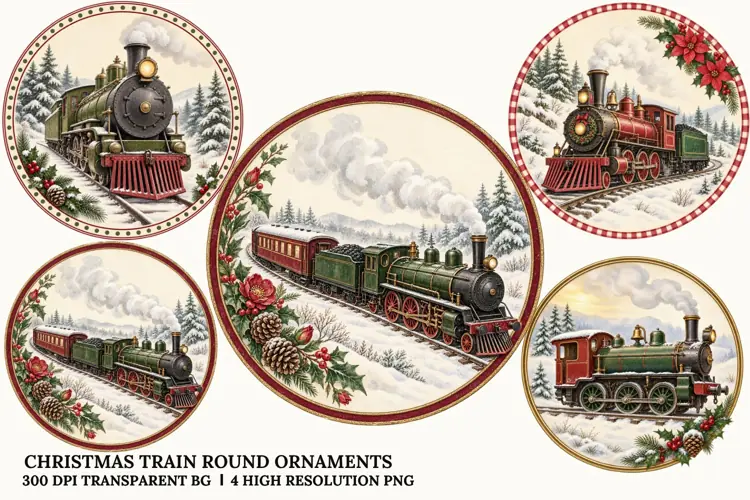 Christmas Train PNG, Vintage Winter Locomotive Ornament Art