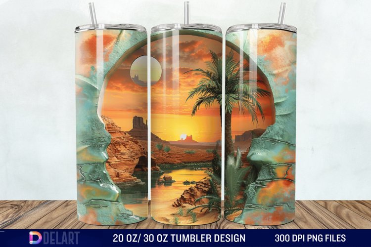 3D Tranquil Desert Oasis Stained Glass Tumbler Wrap