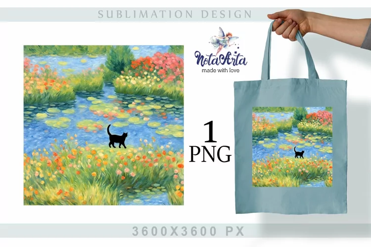 bag with landscape and cat|sublimation design in Monet style